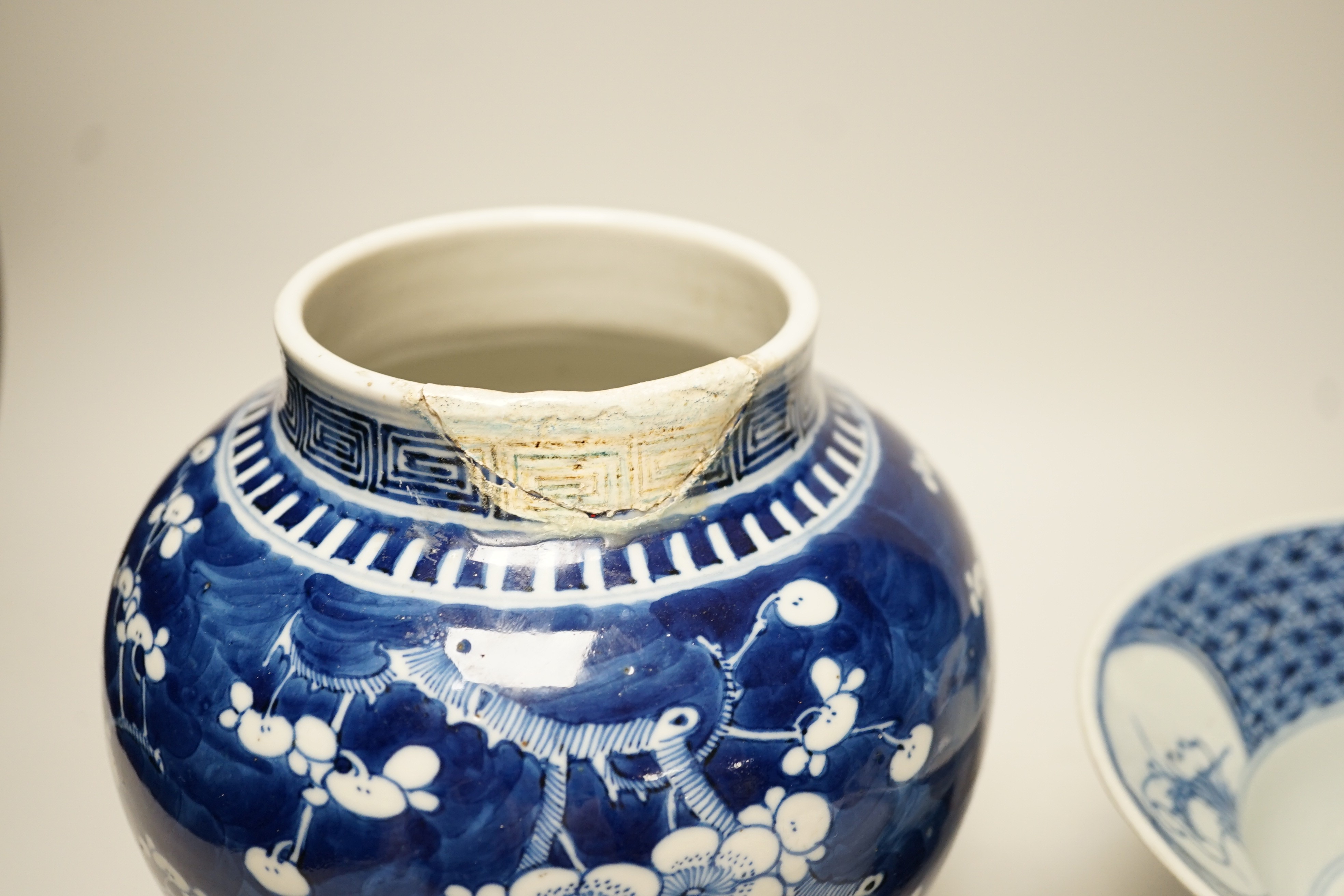 A 19th century Chinese blue and white bowl and Chinese prunus baluster jar, 19.5cm high
